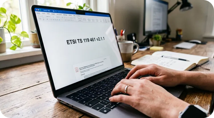 Close-up of hands typing on a laptop with the text 'ETSI TS 119 461 v2.1.1' on the screen.