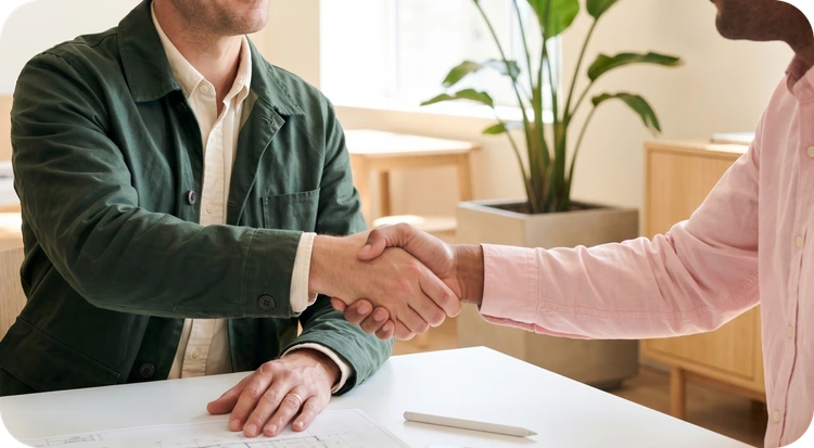 Hombre  y mujer estrechando la mano tras firmar un acuerdo de confidencialidad.