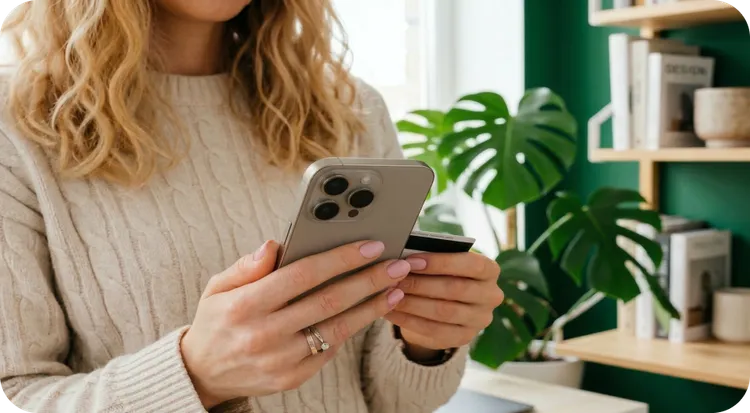 Woman holding a smartphone and a bank card setting up an electronic wallet