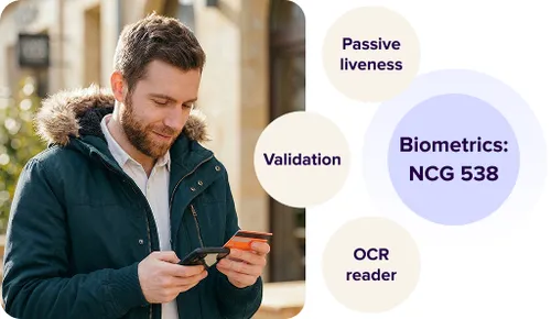 Man performing a transaction with his cell phone and card, alongside a diagram of the biometric applications to comply with the NCG 538 standard.