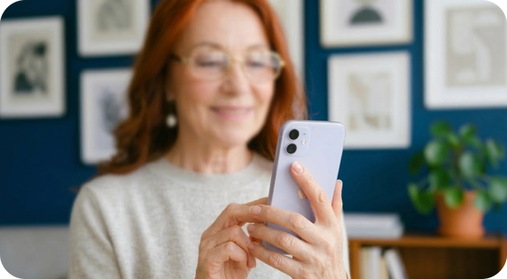 Woman using a mobile phone in a professional environment, consulting digital information