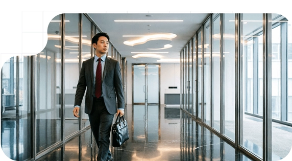 An executive in a corporate hallway managing DAC7 reporting requirements for EU digital platforms.