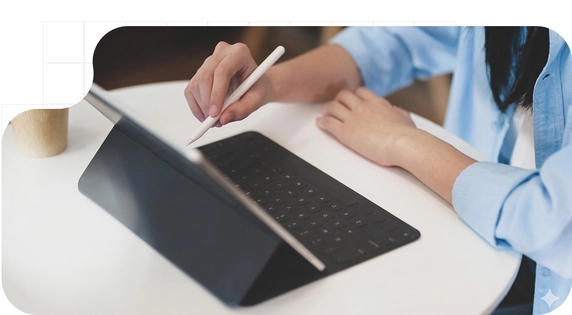 Using a stylus on a tablet with a keyboard to make the precise strokes required for a secure digital signature.