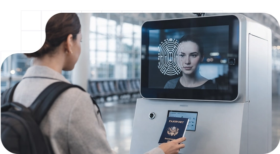 Mujer verificando su identidad en un control biométrico de aeropuerto.