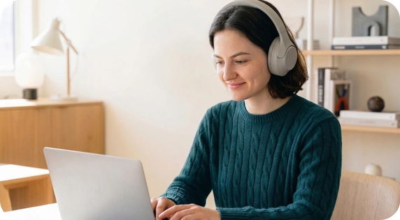 Mujer trabajando en ordenador con auriculares en home office.