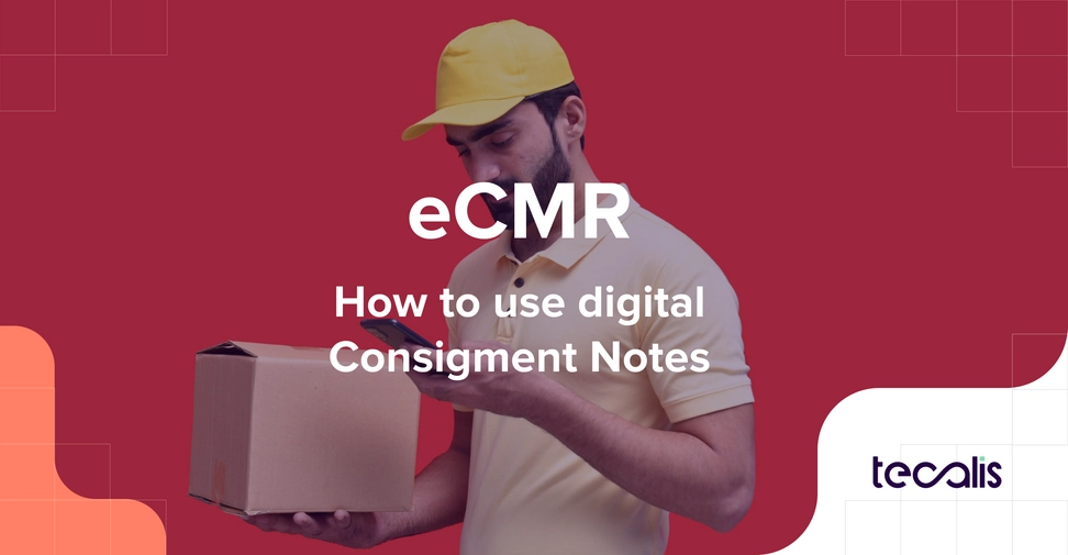 Delivery worker wearing a yellow shirt and cap holding a cardboard box while checking his mobile phone, against a red background.