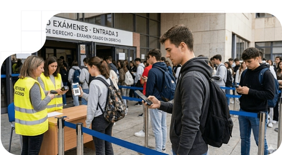 Students standing in line show their EUDI Wallet with a QR code on their phones to gain access to the college entrance exam.